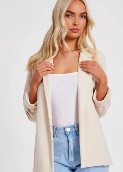 Coats & Jackets>Quiz Stone Textured Ruched Sleeve Blazer