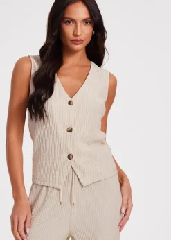 Coats & Jackets>Quiz Stone V Neck Textured Waistcoat