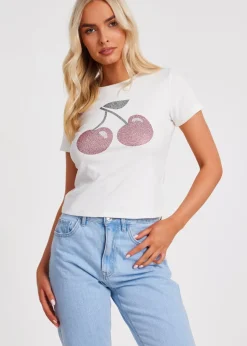 T-Shirts>Quiz White Cherry Print Top