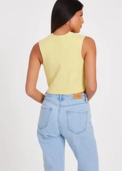 Tops>Quiz Yellow Knitted Button Front Waistcoat