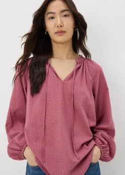 Tops>Papaya Raspberry Boho TexturedTie Neck Blouse