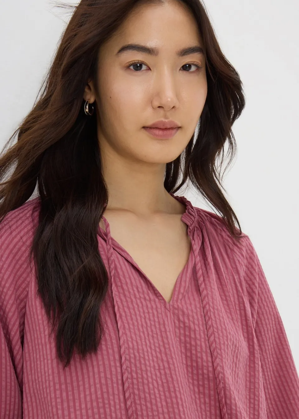Tops>Papaya Raspberry Boho TexturedTie Neck Blouse
