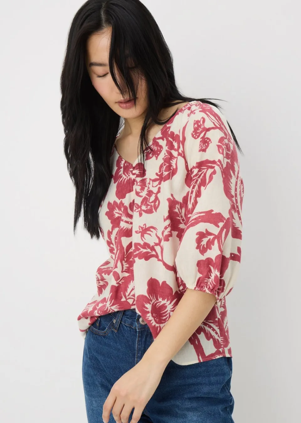 Tops>Papaya Raspberry Floral V-Neck Tea Top