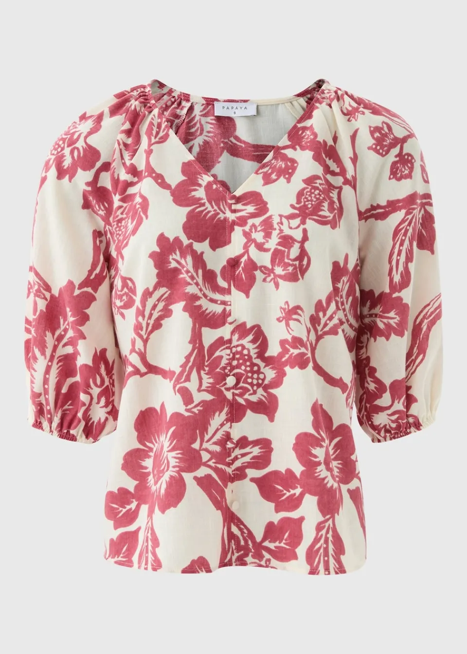 Tops>Papaya Raspberry Floral V-Neck Tea Top