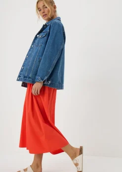 Skirts>Papaya Red Midi Poplin Skirt