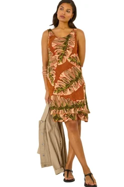 Dresses>Roman Amber Leaf Print Double Layer Dress