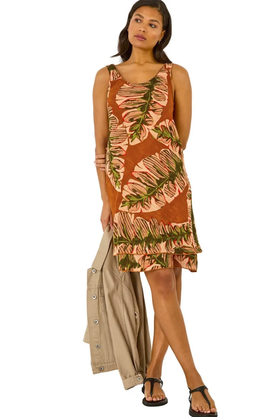 Dresses>Roman Amber Leaf Print Double Layer Dress