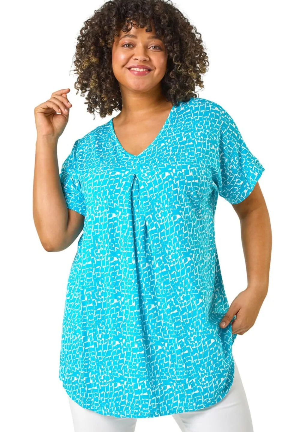 Tops>Roman Aqua Curve Pleat Front Printed Stretch Top