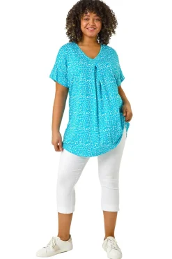 Tops>Roman Aqua Curve Pleat Front Printed Stretch Top