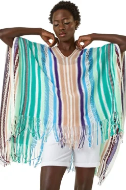 Tops>Roman Aqua Multi Stripe Knit Poncho