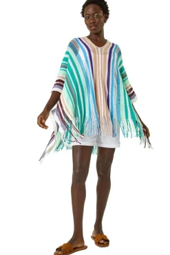 Tops>Roman Aqua Multi Stripe Knit Poncho