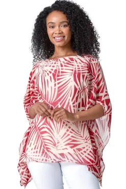 Tops>Roman Beige Petite Leaf Print Overlay Top