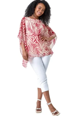 Tops>Roman Beige Petite Leaf Print Overlay Top