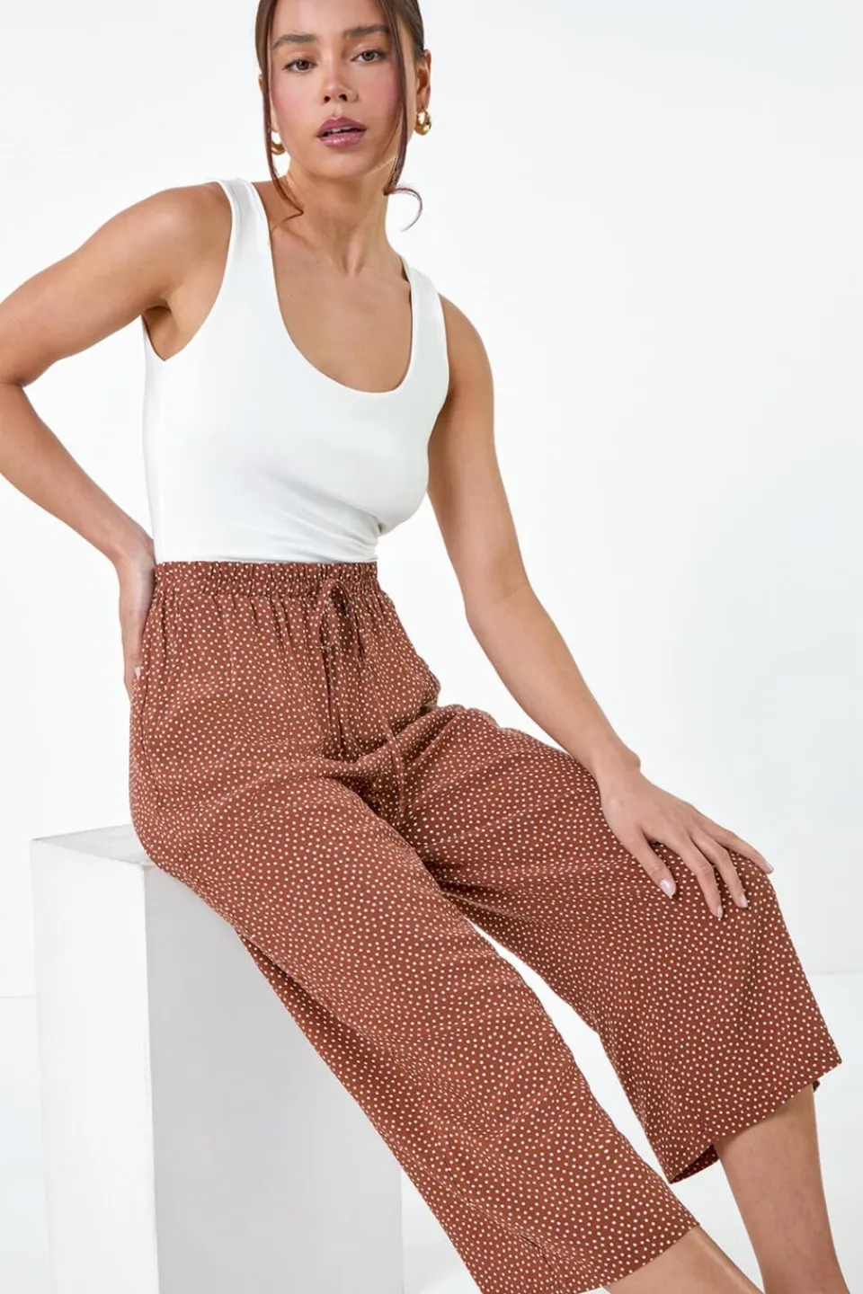 Trousers>Roman Biscuit Petite Spot Print Stretch Culottes