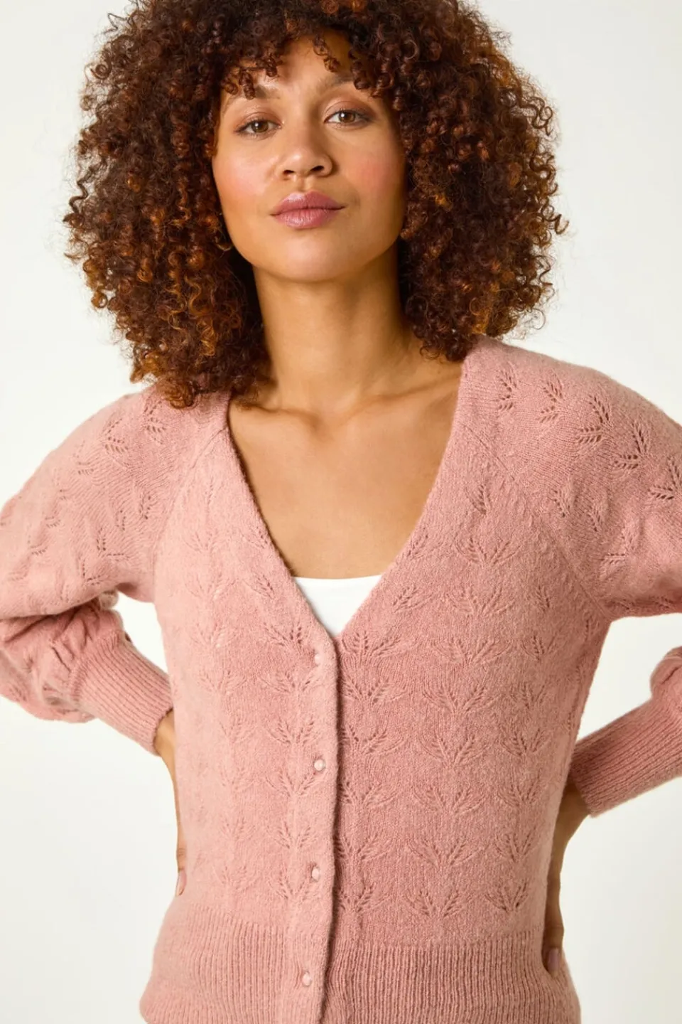 Tops>Roman Biscuit Pointelle Detail Knit Cardigan Pink