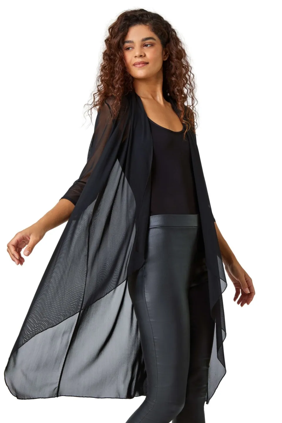 Blouses & Shirts>Roman 3/4 Sleeve Mesh Longline Kimono Black