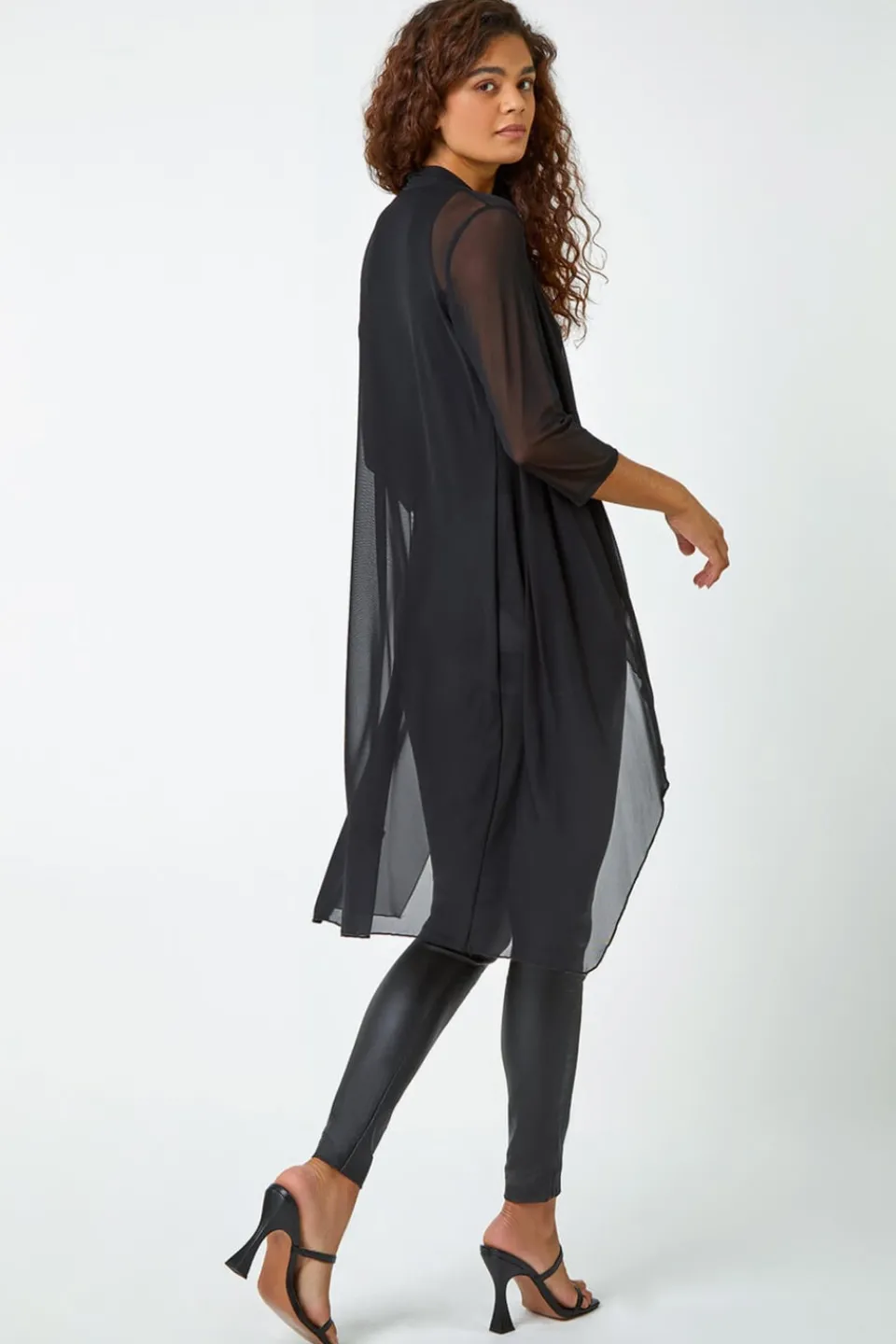 Blouses & Shirts>Roman 3/4 Sleeve Mesh Longline Kimono Black