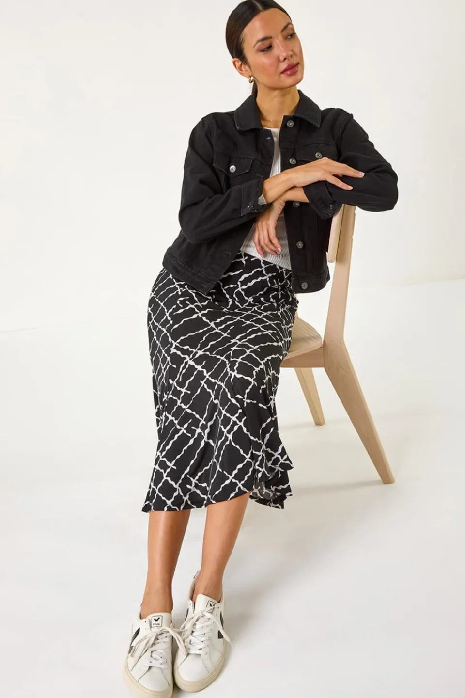 Skirts>Roman Black Abstract Checked Print Skirt
