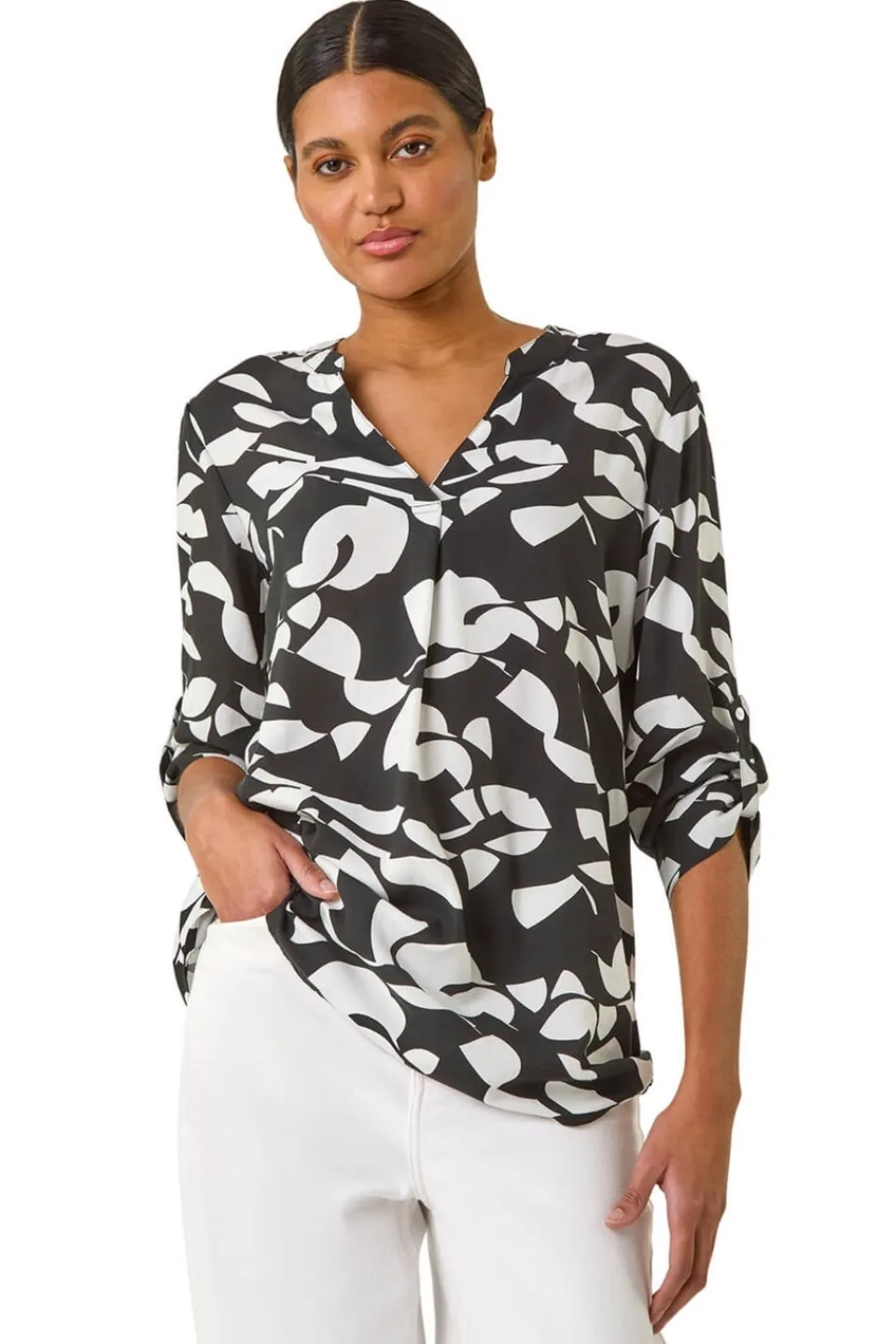 Tops>Roman Black Abstract Mono Pleat Detail Top