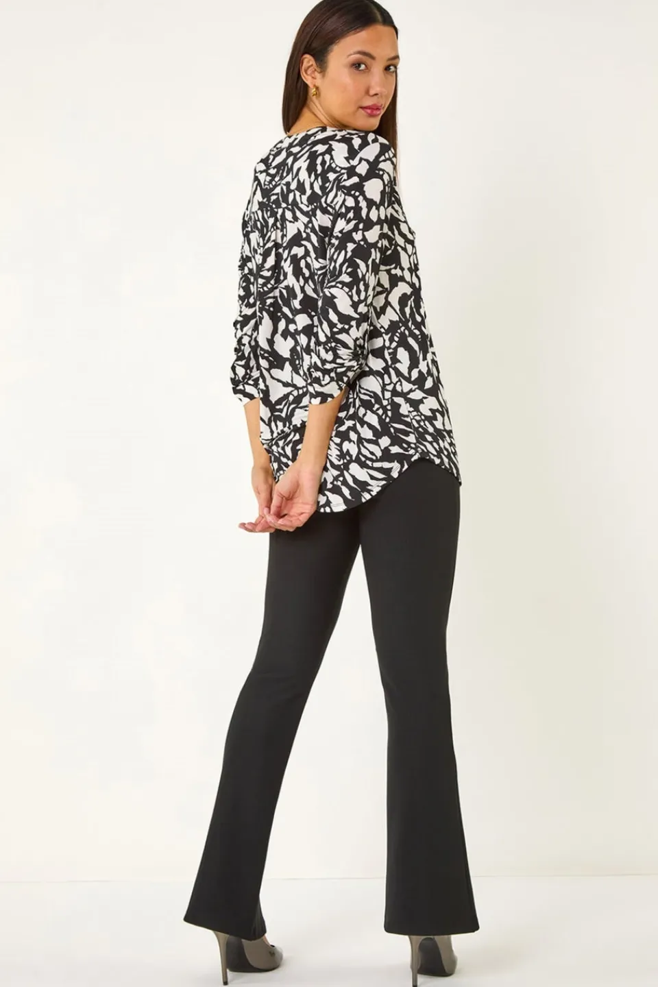 Tops>Roman Black Abstract Mono Print Pleated Shirt