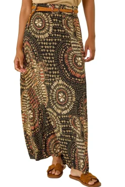 Skirts>Roman Black Abstract Print Belted A-Line Skirt
