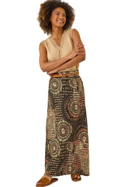 Skirts>Roman Black Abstract Print Belted A-Line Skirt