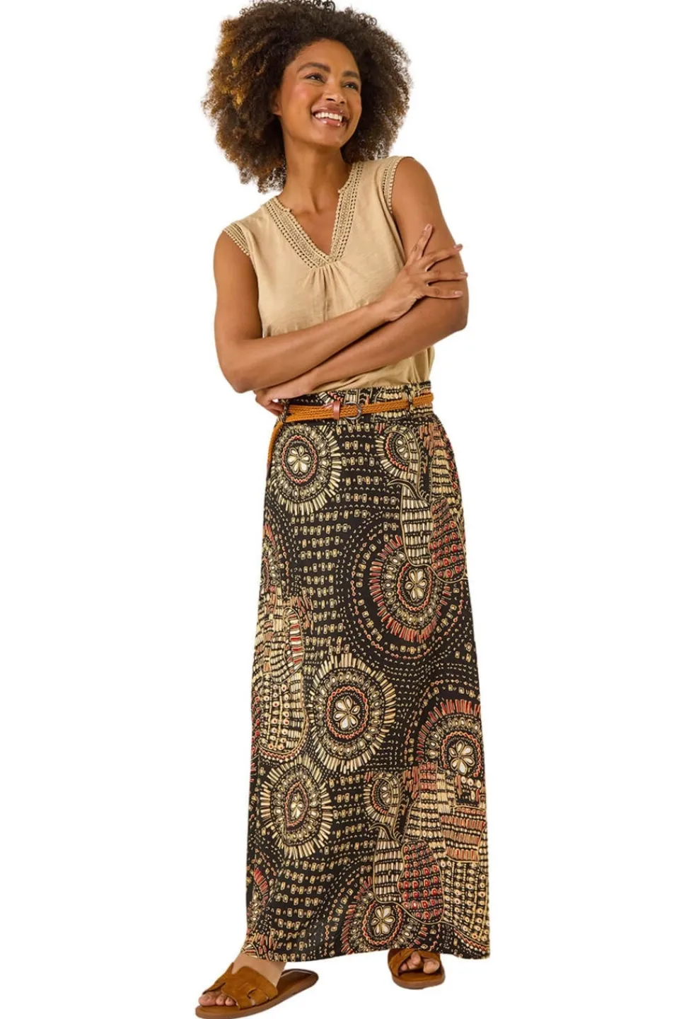 Skirts>Roman Black Abstract Print Belted A-Line Skirt