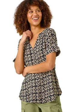 Tops>Roman Black Abstract Print V-Neck Tunic Top