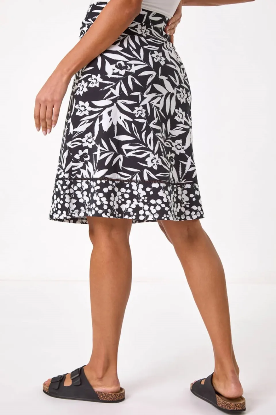 Skirts>Roman Black A-Line Palm Mono Print Skirt