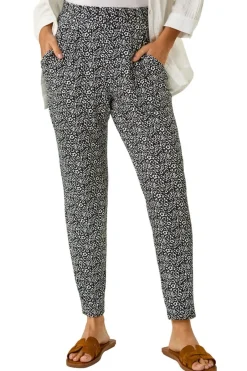 Trousers>Roman Black Animal Print Hareem Stretch Straight Trouser