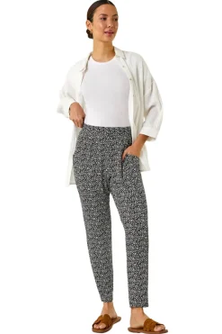 Trousers>Roman Black Animal Print Hareem Stretch Straight Trouser