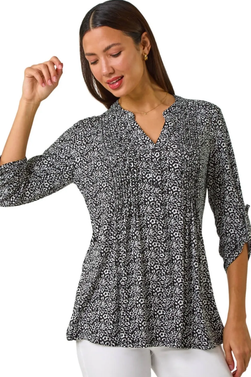 Tops>Roman Black Animal Print Pintuck Shirt