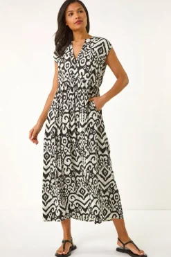 Dresses>Roman Black Aztec Print Midi Smock Dress