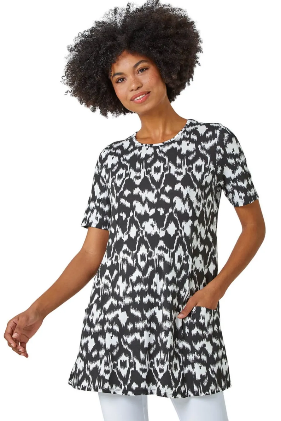 Tops>Roman Black Aztec Print Pocket Tunic Top