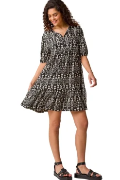 Dresses>Roman Black Aztec Tie Front Smock Dress