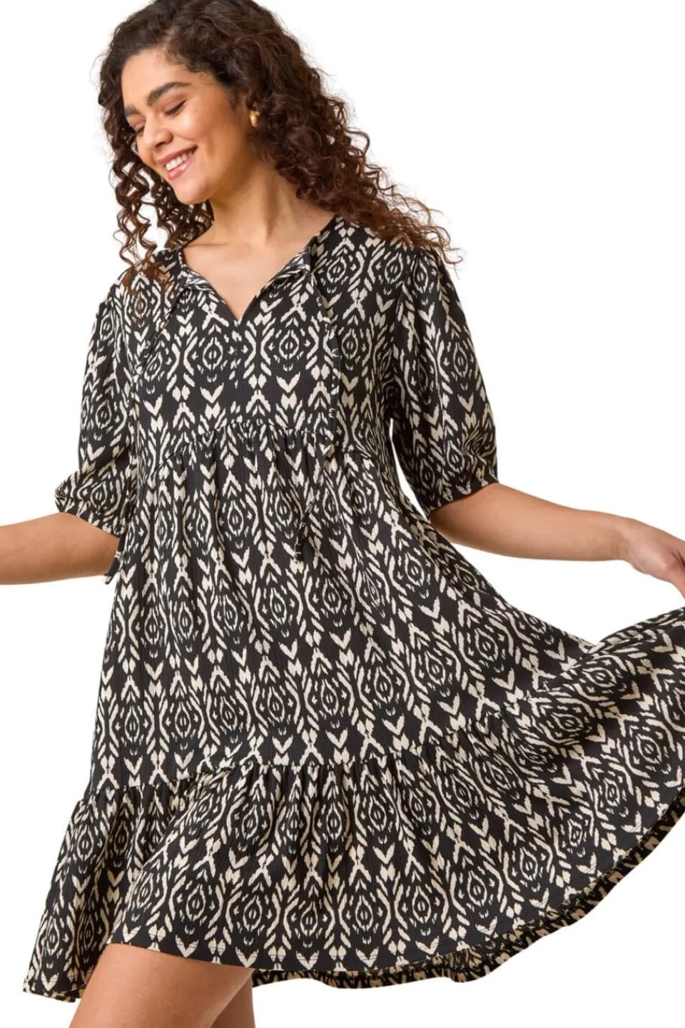 Dresses>Roman Black Aztec Tie Front Smock Dress
