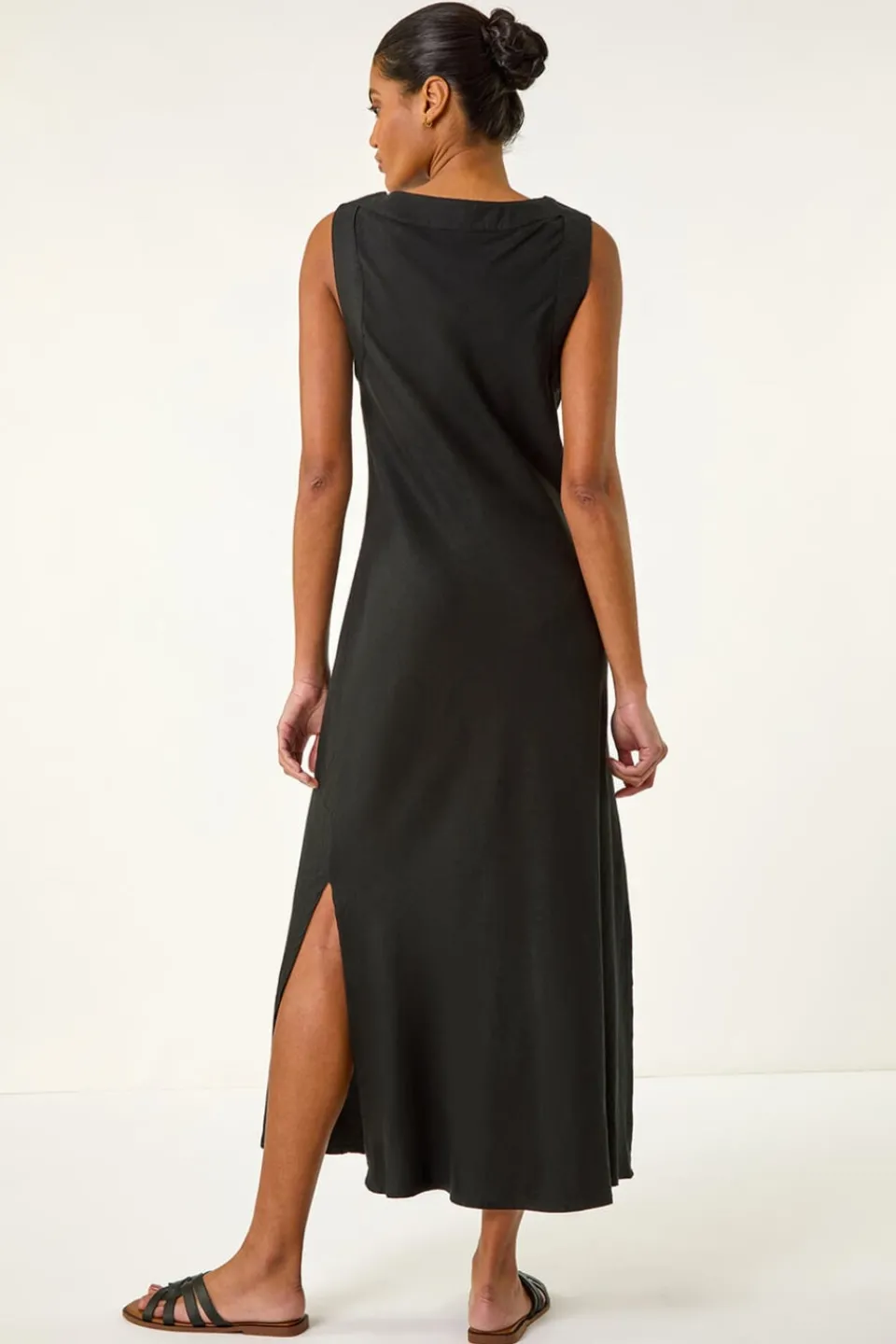 Dresses>Roman Black Bias Linen Mix Midi Dress