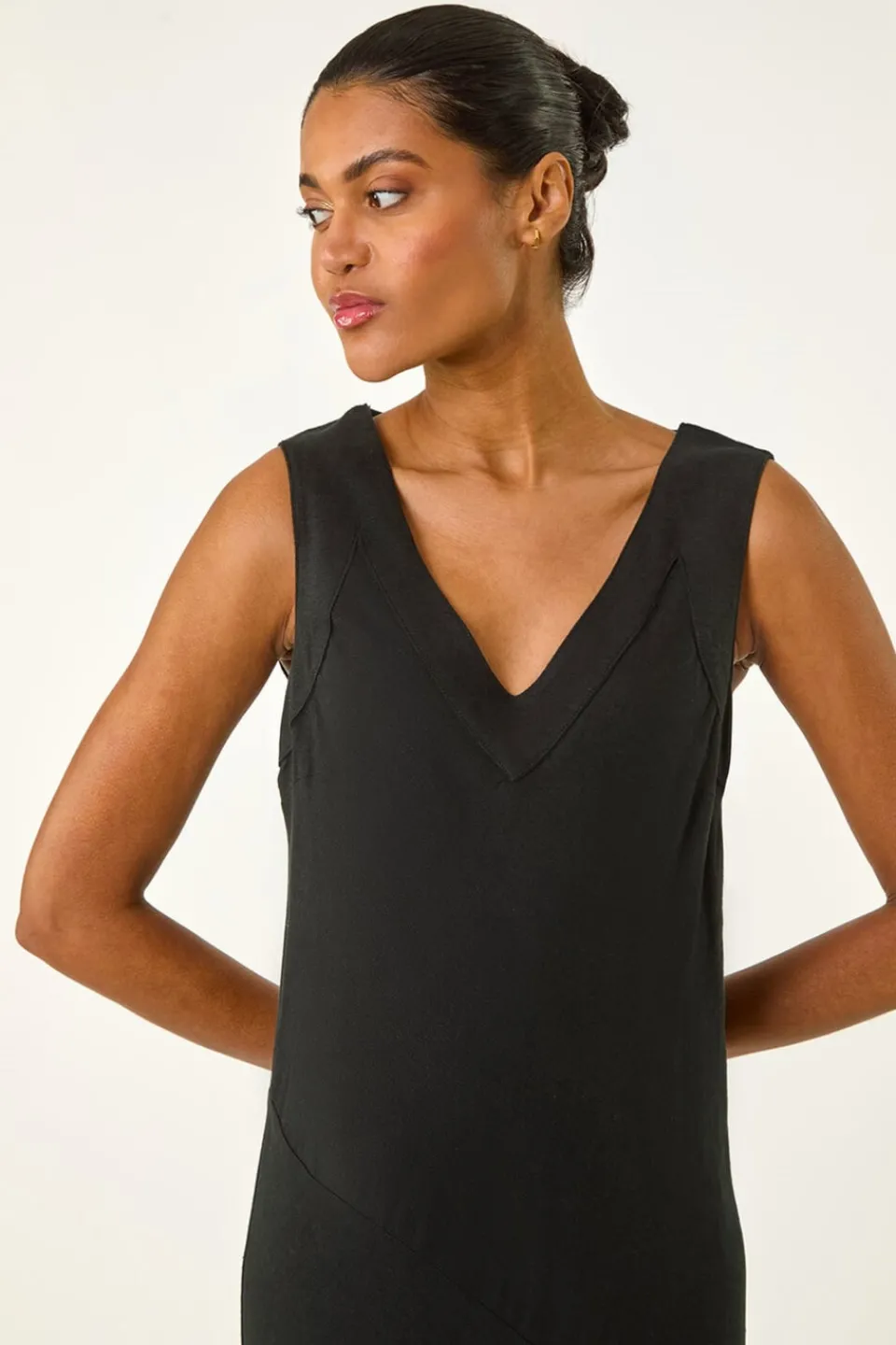 Dresses>Roman Black Bias Linen Mix Midi Dress