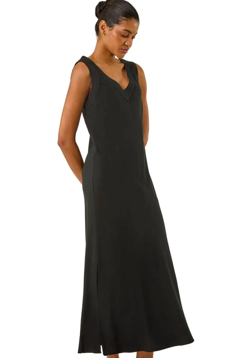 Dresses>Roman Black Bias Linen Mix Midi Dress