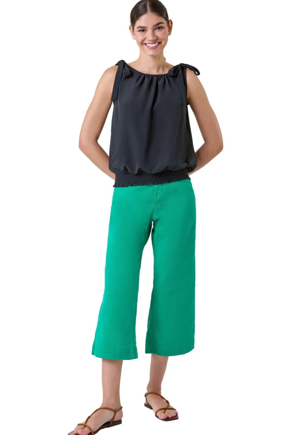 Tops>Roman Black Bow Detail Shirred Hem Top