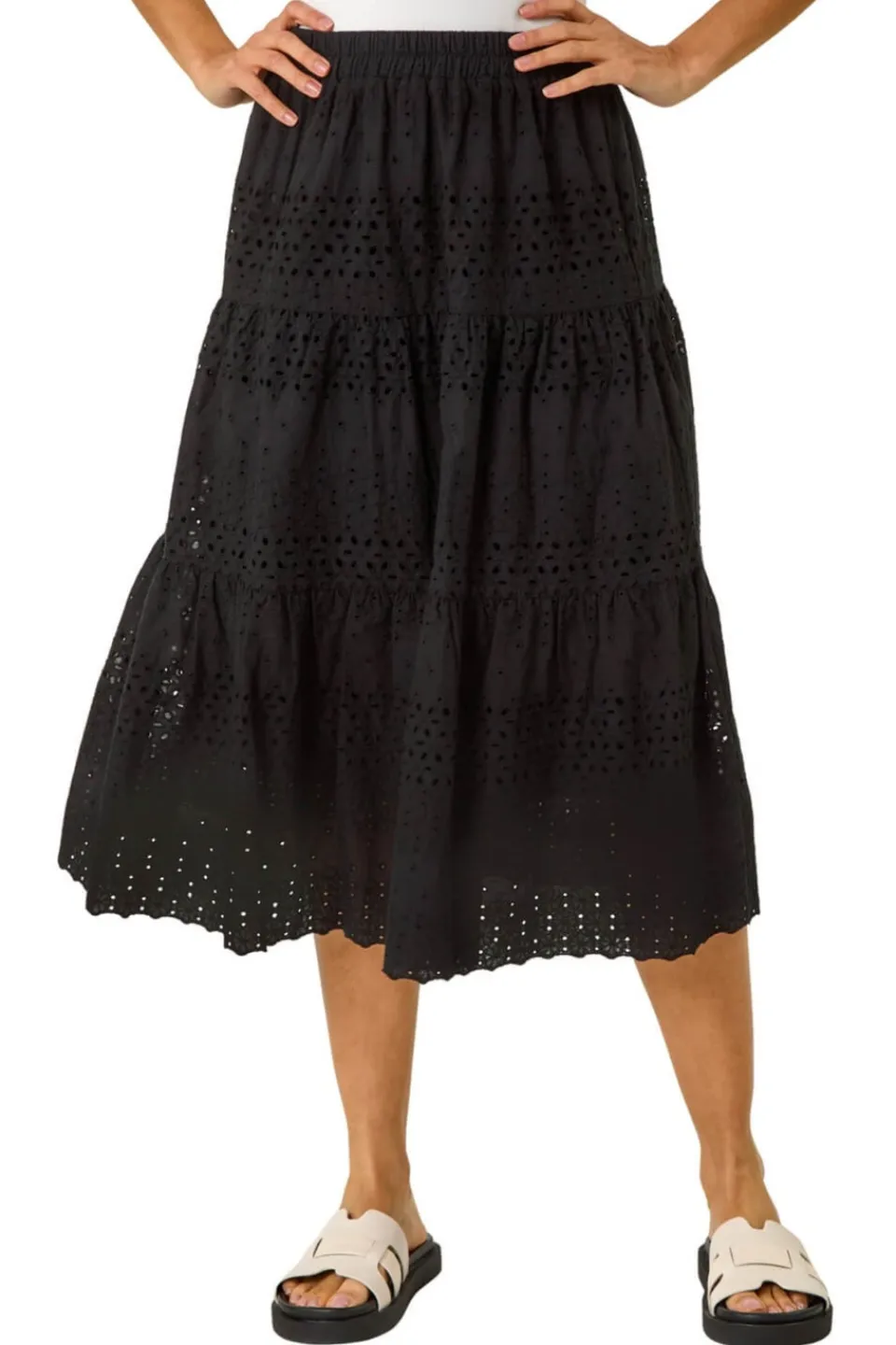 Skirts>Roman Black Broderie Cotton A Line Midi Skirt