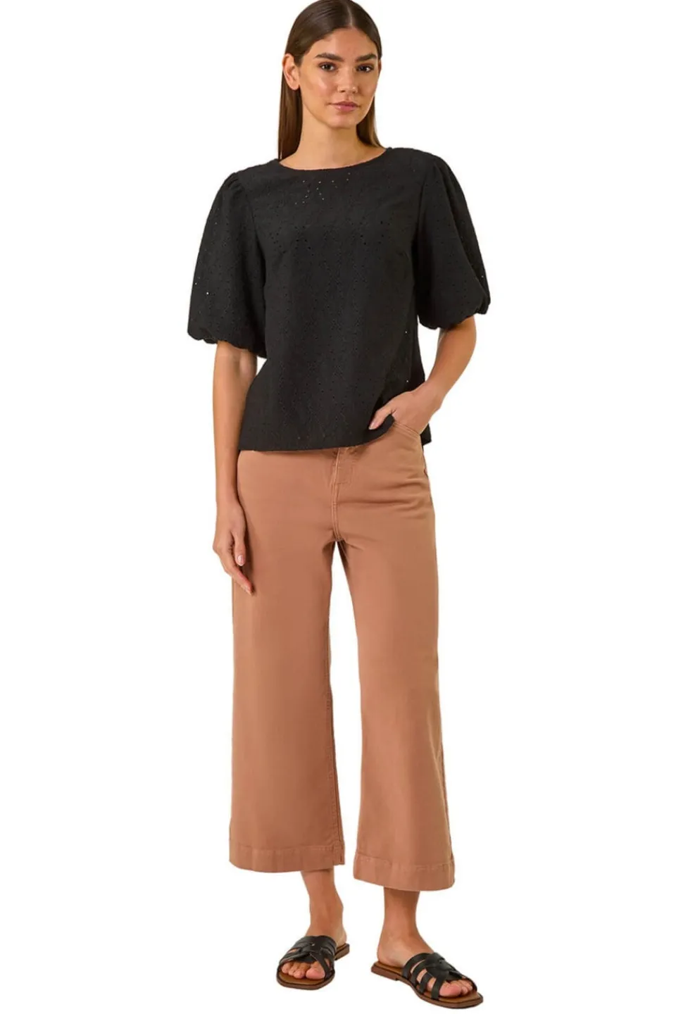 Tops>Roman Black Broderie Puff Sleeve Top