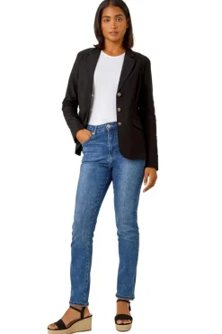 Coats & Jackets>Roman Button Detail Stretch Blazer Black