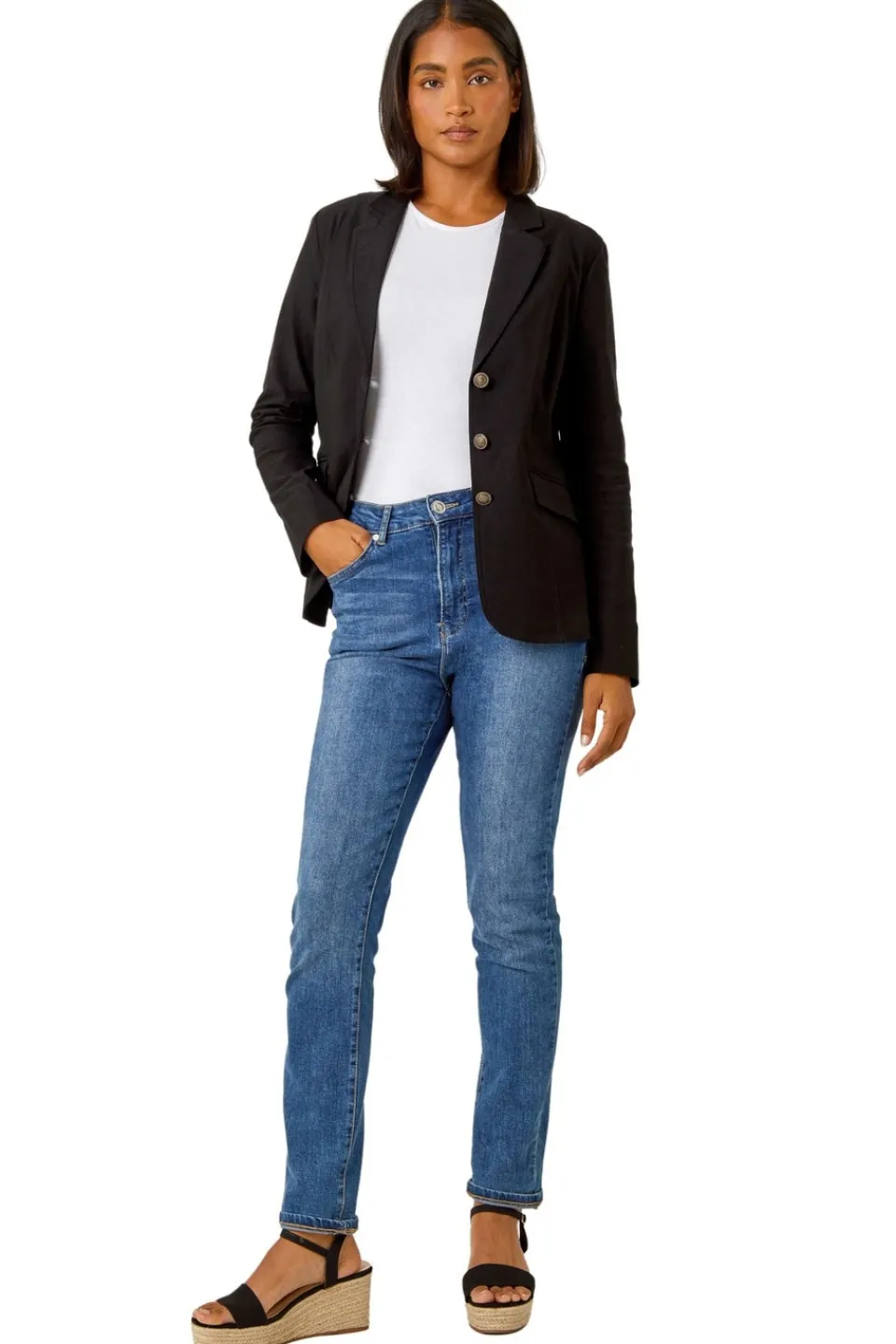 Coats & Jackets>Roman Button Detail Stretch Blazer Black