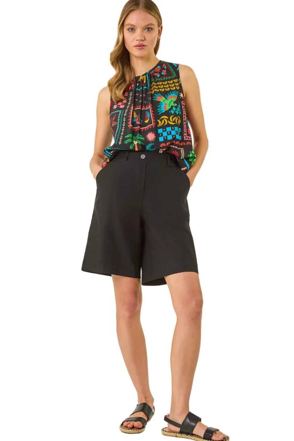 Shorts>Roman Black Buttoned Wide Leg Stretch Shorts