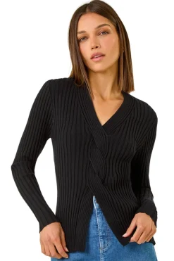 Tops>Roman Cable Split Detail Rib Jumper Black