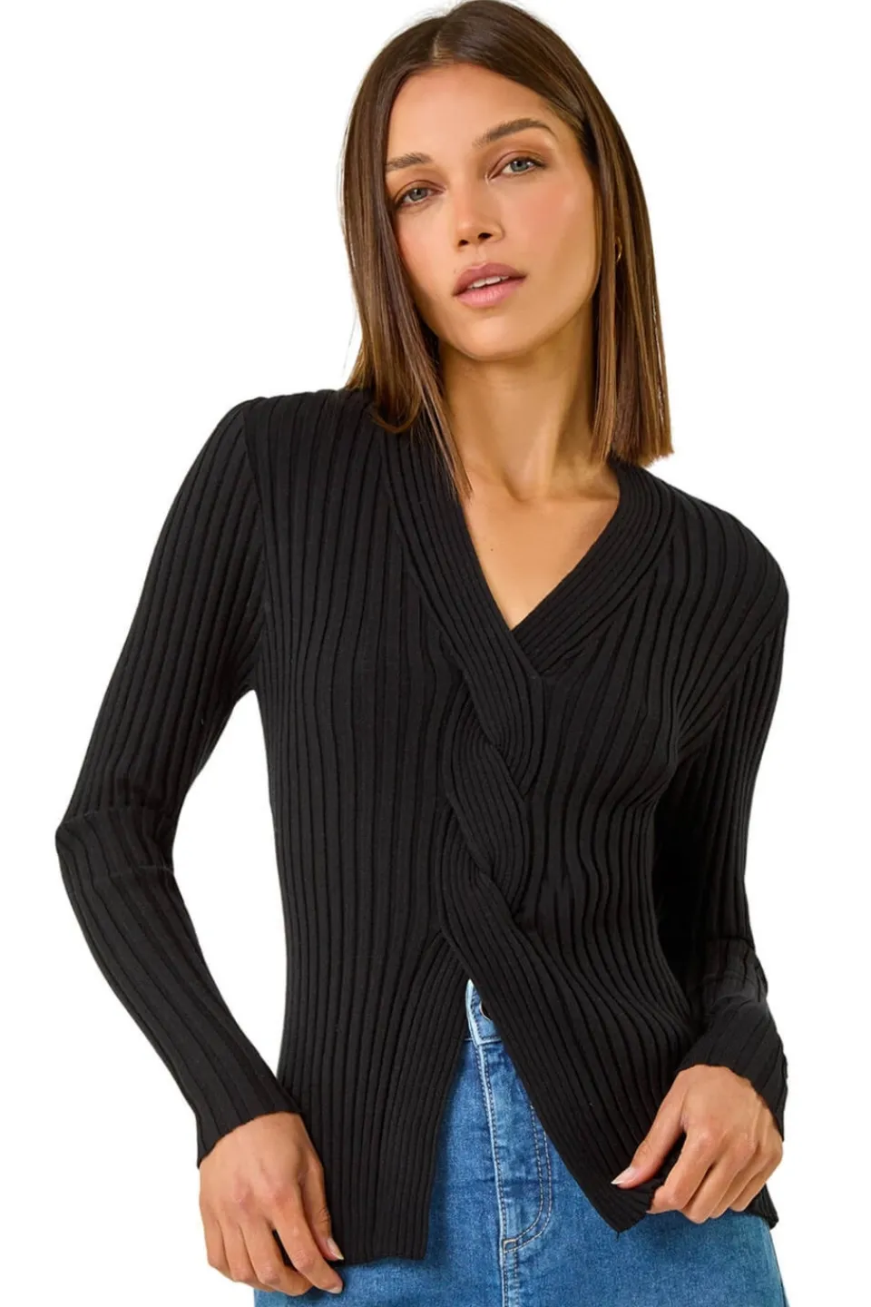 Tops>Roman Cable Split Detail Rib Jumper Black