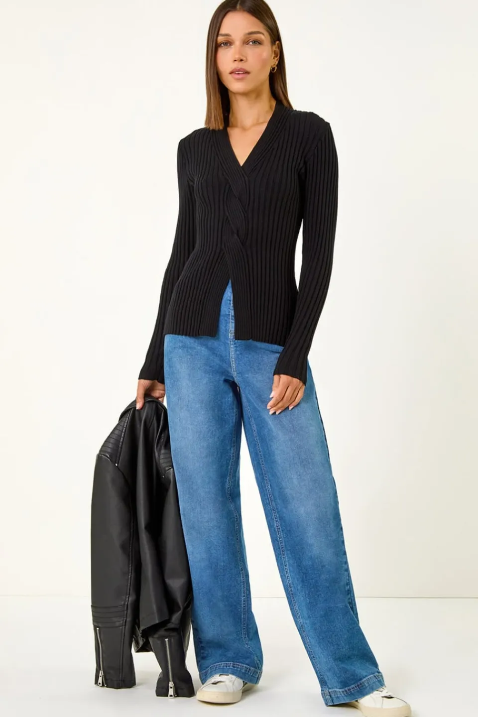 Tops>Roman Cable Split Detail Rib Jumper Black