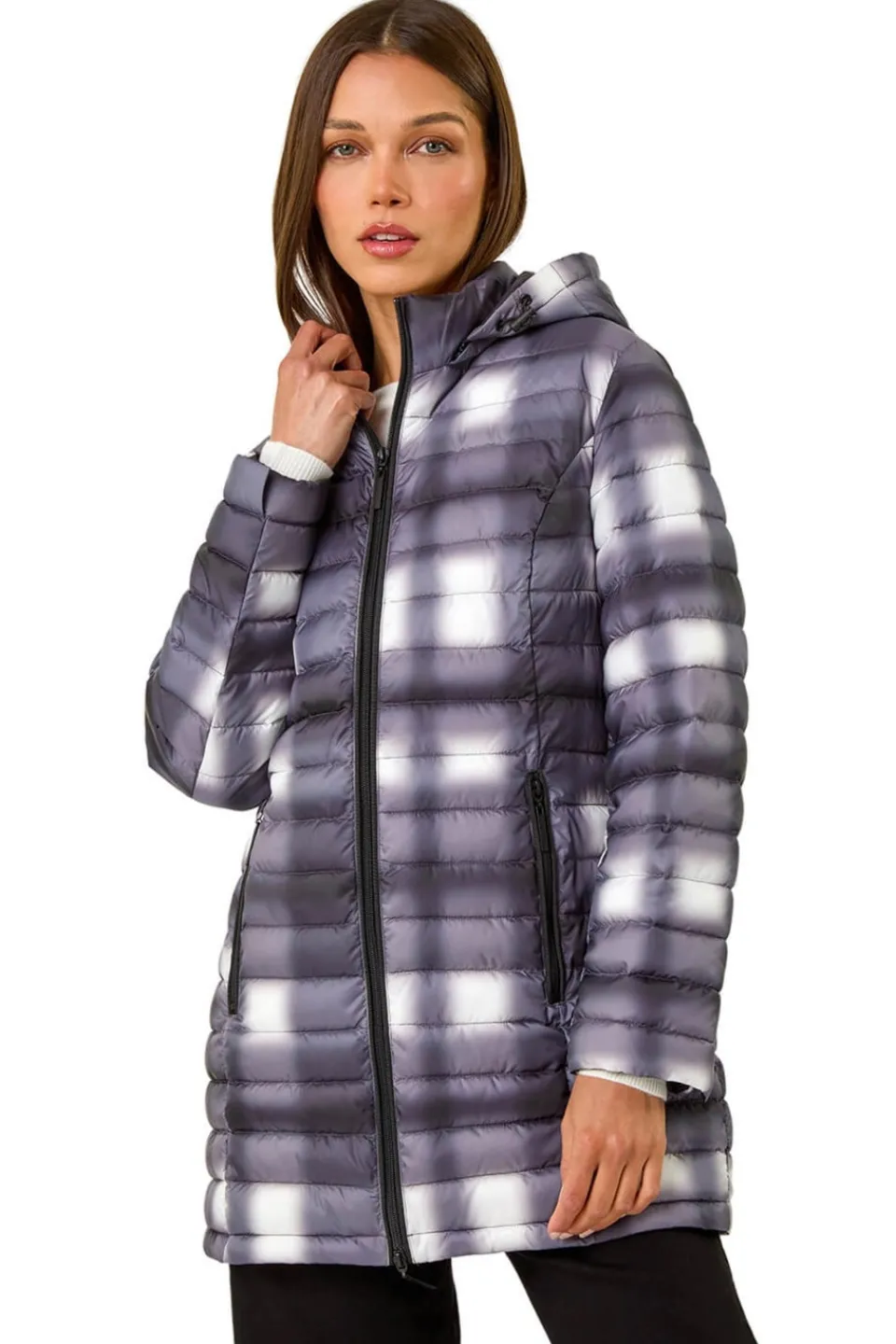 Coats & Jackets>Roman Black Check Print Quilted Puffer Coat