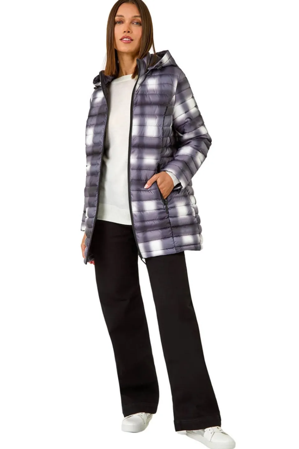 Coats & Jackets>Roman Black Check Print Quilted Puffer Coat